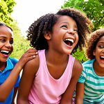 **Image Prompt:** A group of diverse children laughing and playing together in a bright, colorful park inspired by the "Sophie Ruby" cartoon series. The scene should emphasize friendship, adventure, and the joy of helping each other.