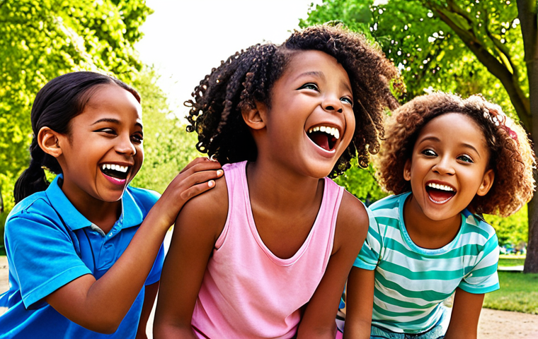 **Image Prompt:** A group of diverse children laughing and playing together in a bright, colorful park inspired by the "Sophie Ruby" cartoon series. The scene should emphasize friendship, adventure, and the joy of helping each other.