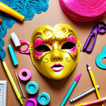 **

Close-up shot of colorful craft supplies spread out on a table. Focus on glitter, colorful paper scraps, lace, scissors, glue, pencils, and markers. The scene should suggest a creative and fun atmosphere for making a Sophie Ruby-style mask.

**
