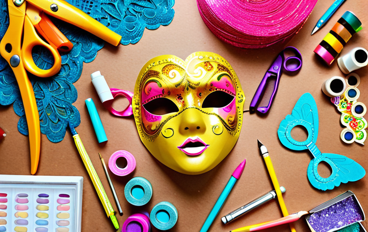 **

Close-up shot of colorful craft supplies spread out on a table. Focus on glitter, colorful paper scraps, lace, scissors, glue, pencils, and markers. The scene should suggest a creative and fun atmosphere for making a Sophie Ruby-style mask.

**