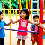 **

*   **Prompt:** A group of diverse children are playing together, inspired by characters from "Sophie Ruby," showing friendship and helping each other. Bright colors, cheerful atmosphere, Thai-style playground.

**