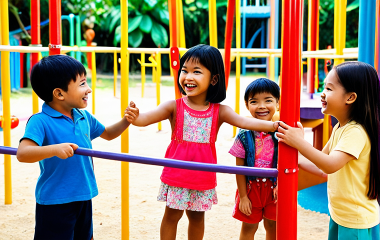 **

*   **Prompt:** A group of diverse children are playing together, inspired by characters from "Sophie Ruby," showing friendship and helping each other. Bright colors, cheerful atmosphere, Thai-style playground.

**